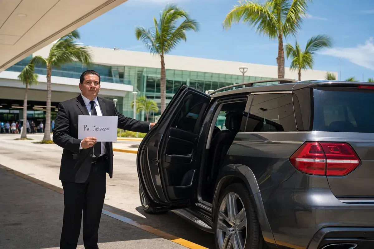 Chauffeur with name sign beside private SUV at Cancun Airport — airport transfers from $49