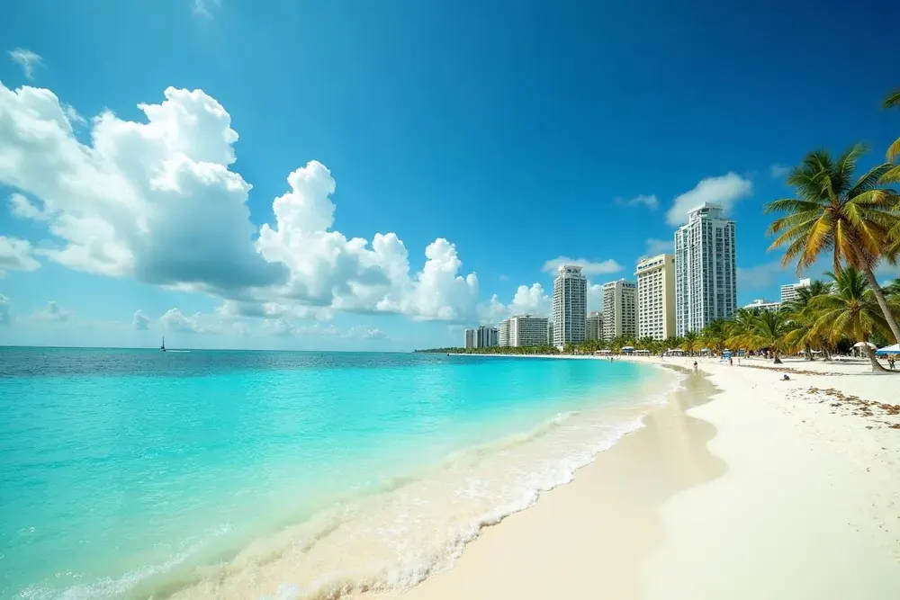 Cancún Hotel Zone beach with turquoise Caribbean water and resort skyline