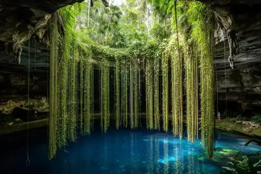 Hanging vines surrounding Cenote Oxman in Yucatan