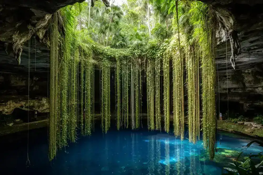 Cenote Oxman near Valladolid and Chichen Itza with hanging vines and open water