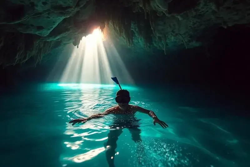 Snorkeler in a turquoise cave cenote near Tulum on the Riviera Maya