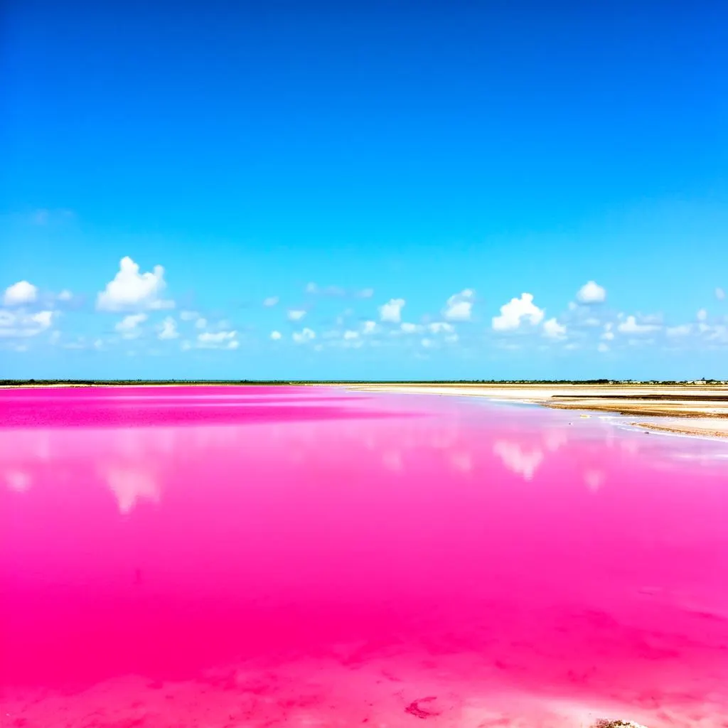 Las Coloradas pink lake tour from Cancun — bright pink lagoon in Yucatan Peninsula