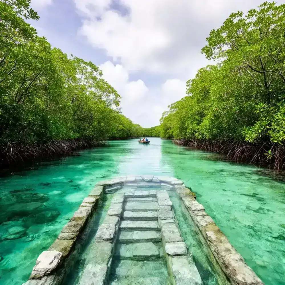 Turquoise lagoon and mangrove channels in Sian Ka'an Biosphere Reserve