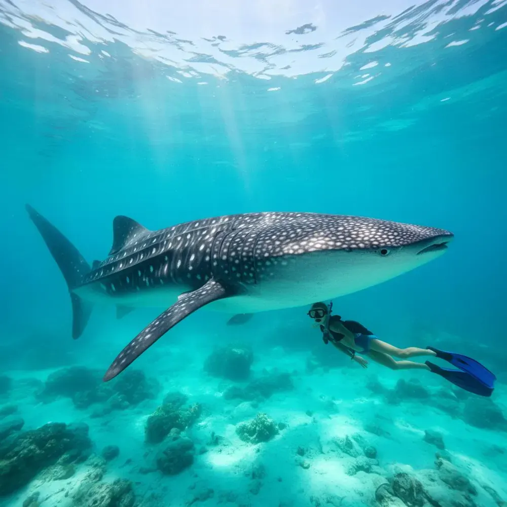 Whale shark swimming in clear Caribbean waters off Isla Mujeres