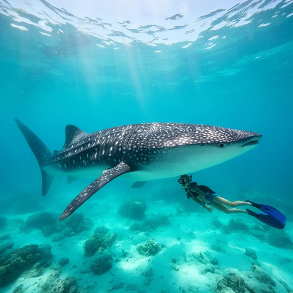 Whale shark swimming in clear Caribbean waters off Isla Mujeres
